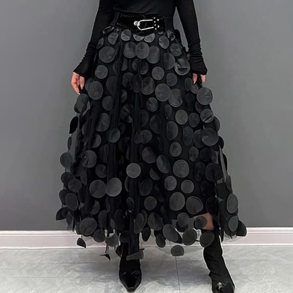 Customs Skjørt Kvinner 3D Polka Dot Mesh Flowy A-Line Midi Skjørt black