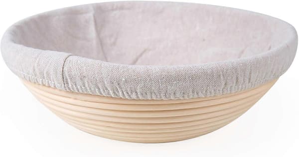 Banneton rund, brödform med linnefoder, rund brödkorg, jäskorg för bröd, upp till 0,9 kg deg, 25 cm