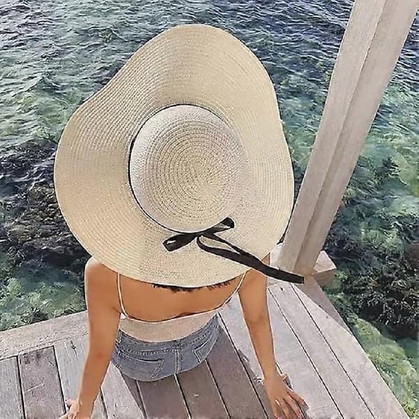 Stråhat til kvinder sommer strand solhat floppy & foldbar med stor bred skygge & sløjfe UPF50