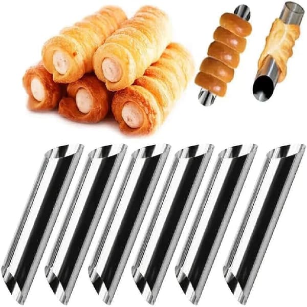Cylindriske flødehornforme i rustfrit stål, cannoliforme, non-stick fylderør til wienerbrød og bageforme til croissant-skaller.