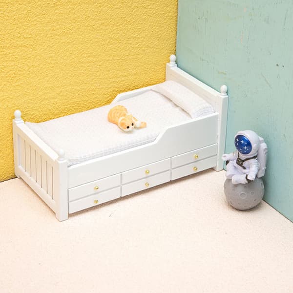 1:12 Dockhus Miniatyr Säng Vit Enkelsäng med Låda Sovrum