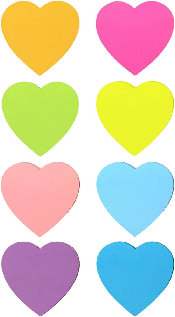 Hjerteformede sticky notes, 8 farver, lyse farverige sticky notes, 75 ark/blok, selvklæbende noter