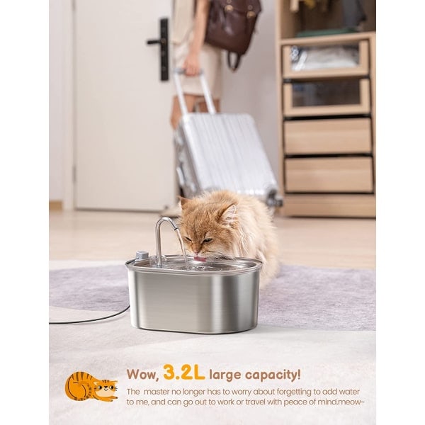 Kattvattenfontän i rostfritt stål, 3,2 L automatisk kattvattenfontän med tyst pump, diskmaskinssäker design, lämplig för flera husdjur