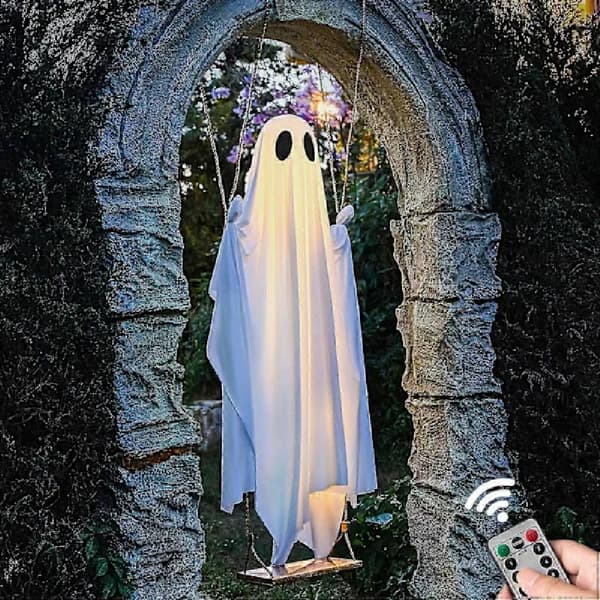 Stor hængende svingende spøgelse Halloween-dekoration med LED-lys til haven A2