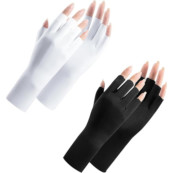 UV-skyddshandskar för kvinnor, 2 par, sommar, andningsbara solskyddshandskar i issilke, halvfinger för ridning, golf, fiske, cykling Black white