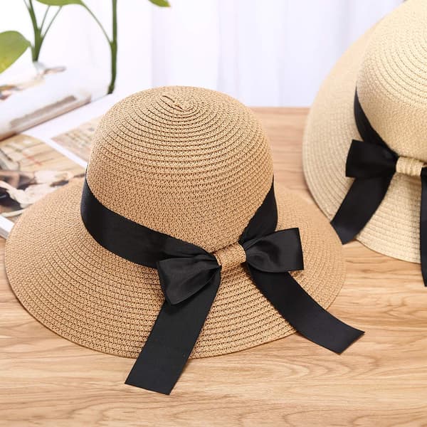 Dame sommer stråhatt solhatt UV-beskyttelse strandhette sammenleggbar visir floppyhatt bred brem med stropp sløyfe khaki