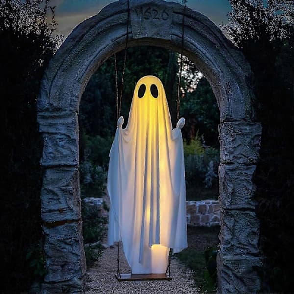 Stor hængende svingende spøgelse Halloween-dekoration med LED-lys til haven A1
