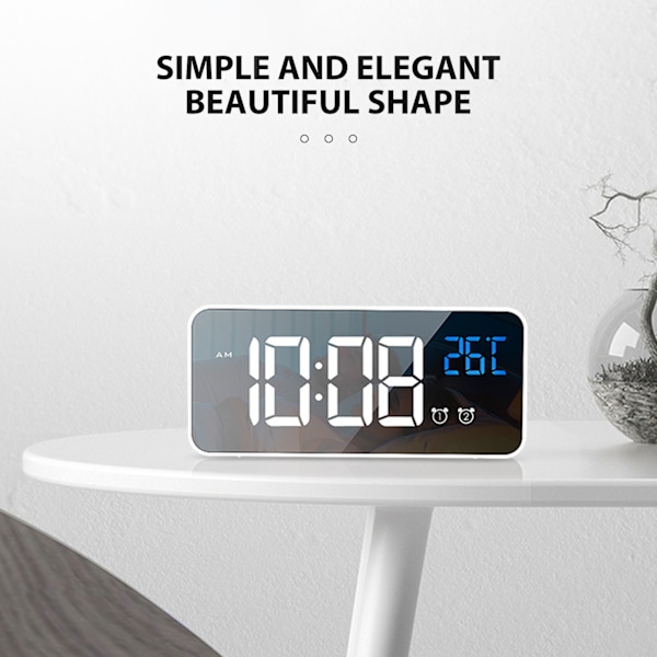 Spegell LED Väckarklocka Två Uppsättningar Alarm Uppladdningsbar Röstaktiverad Digital Klocka för Sovrum Sängbord Skrivbord White