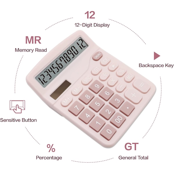 Pink Calculator, 12 Digit Desktop Calculator with Large LCD Display