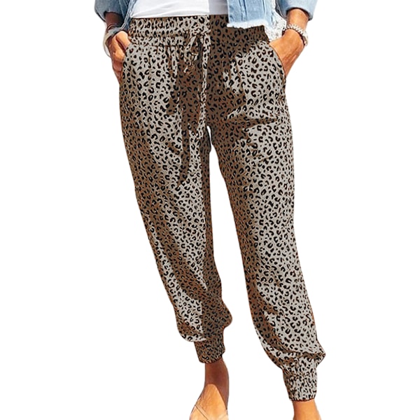 Dambyxor Leopardmönstrade Dragsko Elastisk Midja Byxor Lös Passform Casual Lounge Byxor Med Fickor Khaki XL