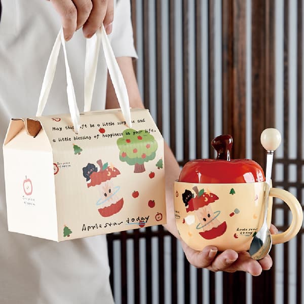 Söt mugg, presentförpackning, äppelformad kaffemugg med lock, keramisk kaffe-/temugg