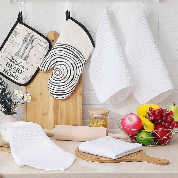 6-pak bomuldsvaffelvævede køkkenviskestykker, ultrabløde absorberende hurtigtørrende viskestykker hvide White 34*34cm