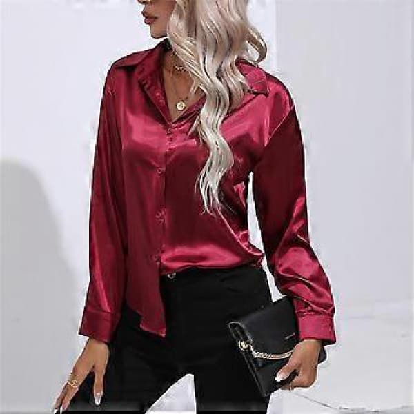Forår Efterår Satin Bluse Faux Silke Langærmet Skjorte til Kvinder Plus Size Løse Toppe (L mørk khaki)
