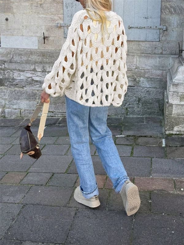 Ensfarvet afslappet ferie strand gennembrudt hæklet langærmet sweater pullover white M