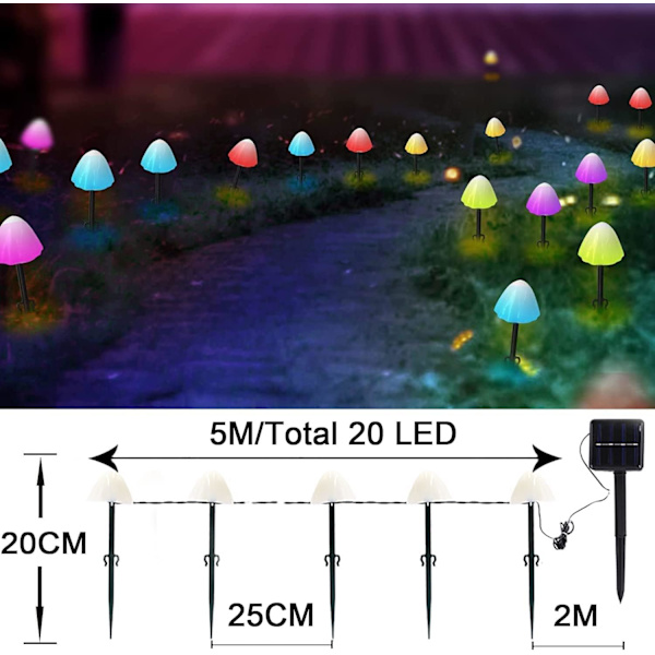 Solcelled Hagepynt 5M 20 LED Sopplys, Vanntette Sopplys for Utendørs coloured