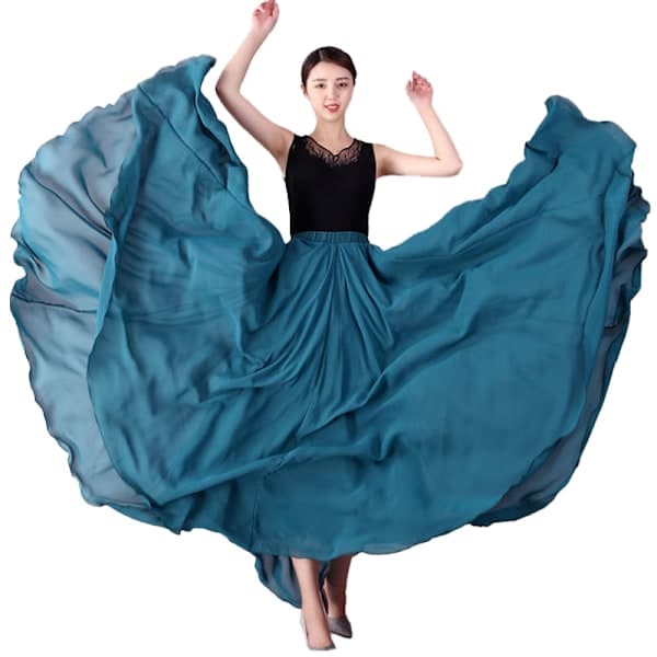 (Særtilbud) 720 Silkeagtig Gennemsigtig Chiffon Elastisk Talje Lang Dansekjole til Mavedans Blå