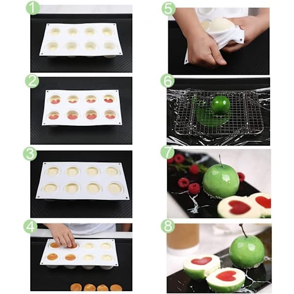 {hw} 8-hullers æbleformet silikoneform, 3D silikone bageform til muffins, kager, dessert og mousse