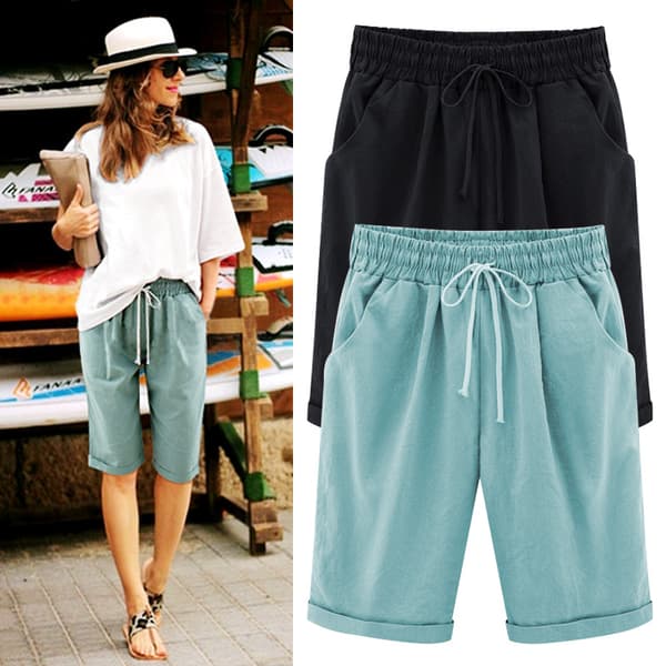 Kvinders bomuldsshorts med blonde og elastisk talje, løs pasform, XL, LYSEBLÅ