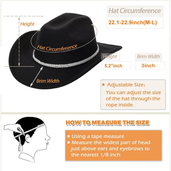 Glitrende Sølv - Sort Cowboyhat til Kvinder - Western Glitrende Rhinestone Cowgirlhat (Størrelse M) Black