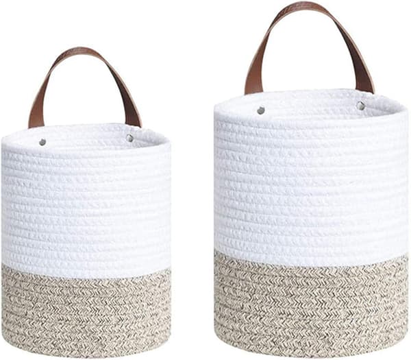 2-pack rep hängande korg med läderhandtag, förvaringskorgar i bomullsrep