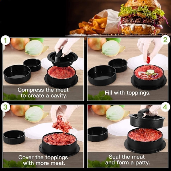 3 i 1 Hamburgarepress - Gör Perfekta Hamburgare, Tunt Mald Kött - Burgerpress - Patty Maker Hamb