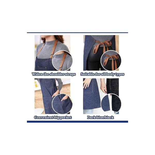 Denimförkläde med justerbara unisex-multifickor för matlagning, hantverk, matlagning, mörkblå