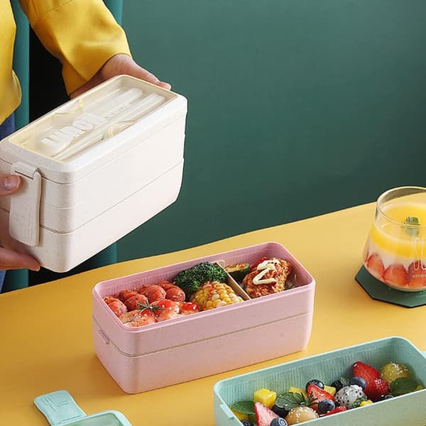 Matlåda, Fackbehållare, Vetestrå, Läcksäker Stapelbar Bento Matlåda Måltidsförberedelse pink