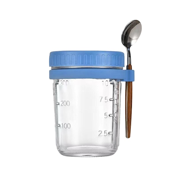 Bästsäljare - Havregrynsmoothieburk Glasbehållare för flingor Go Salladsbehållare Lock Overnight Oats Burkar med Lock och Skedar blue 350ml