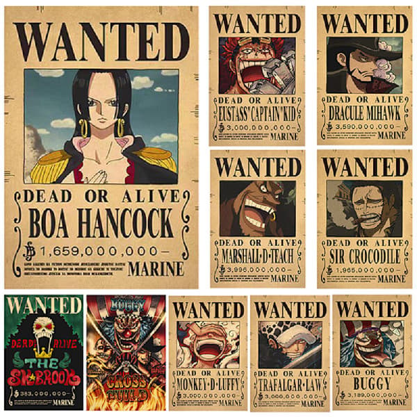 10 affischer One Piece Wanted Poster Luffy Pappersdekor 10 st/set