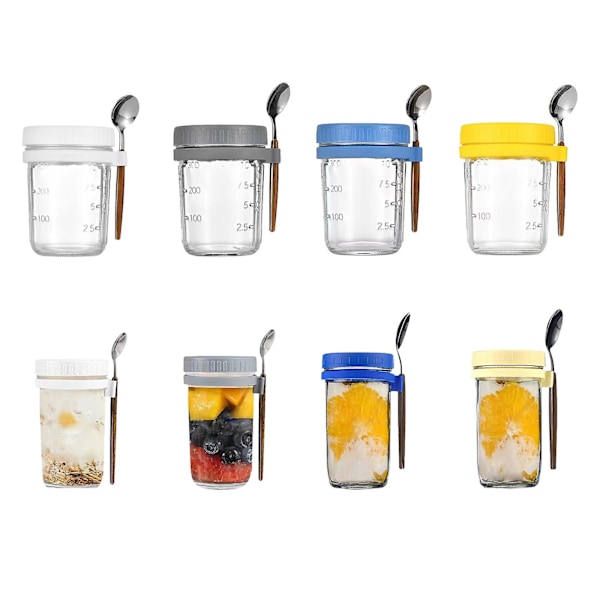 Bästsäljare - Havregrynsmoothieburk Glasbehållare för flingor Go Salladsbehållare Lock Overnight Oats Burkar med Lock och Skedar yellow 600ml