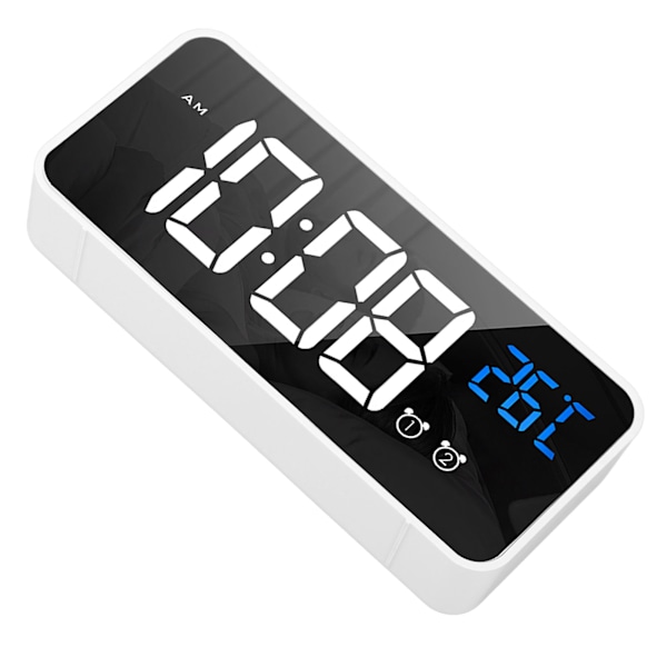Spegell LED Väckarklocka Två Uppsättningar Alarm Uppladdningsbar Röstaktiverad Digital Klocka för Sovrum Sängbord Skrivbord White