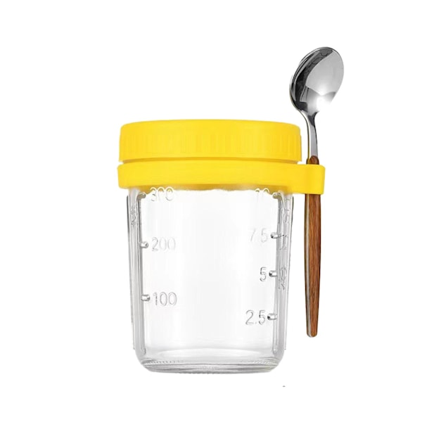 Bästsäljare - Havregrynsmoothieburk Glasbehållare för flingor Go Salladsbehållare Lock Overnight Oats Burkar med Lock och Skedar yellow 350ml
