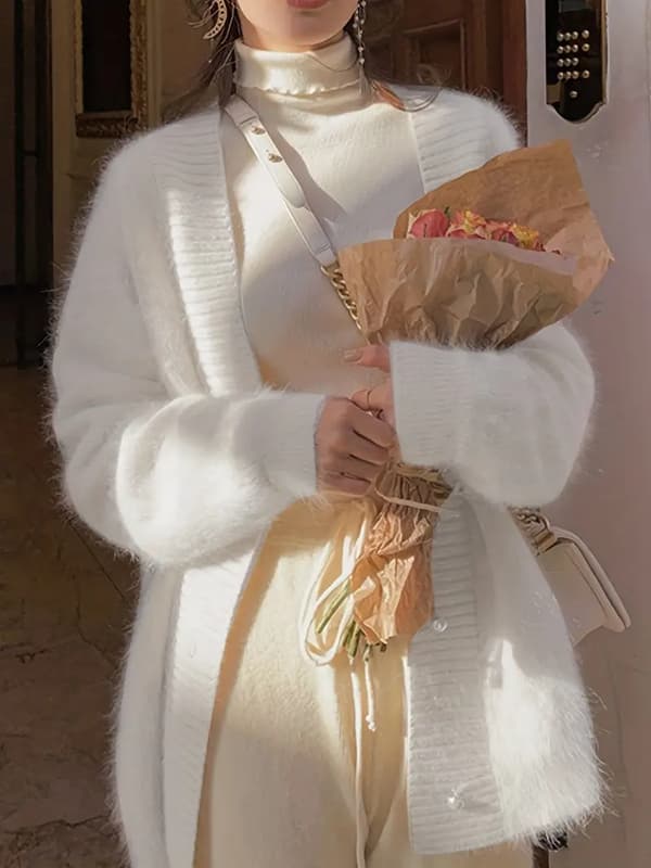 Enfärgad V-ringad kofta, elegant långärmad kofta för höst och vinter, damkläder vit white 3XL