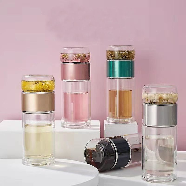 Te Vattenflaska Högt Borosilikatglas Dubbla Lager Te Vattenkopp Infuser Tumbler Dricksartiklar Vatten golden 280ml