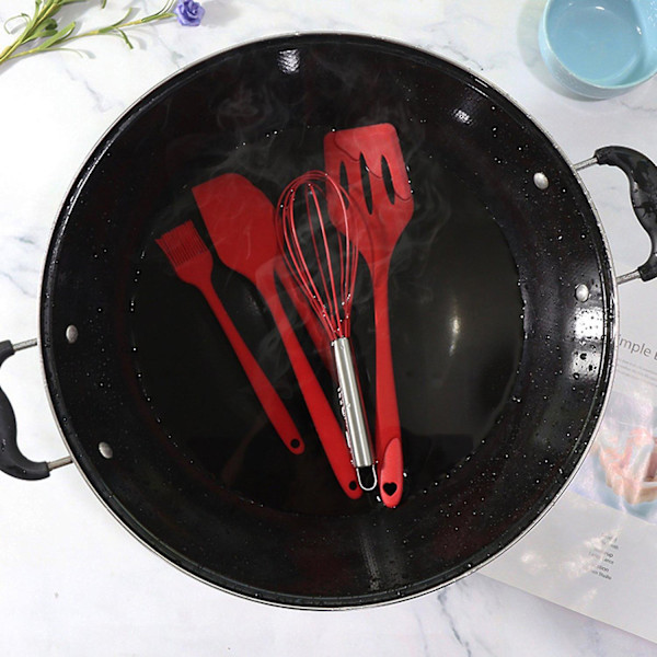 5 st Silikon Köksredskapsset Non-Stick Flexibla Lätta att Rengöra och Tål Maskindisk Red