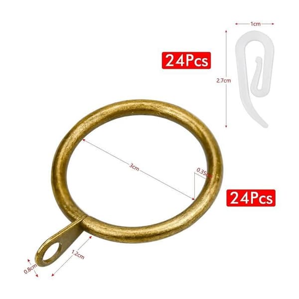 Sæt med 24 metalgardinringe og kroge, lavet af messing og rustfrit stål, med en indvendig diameter på 30 mm