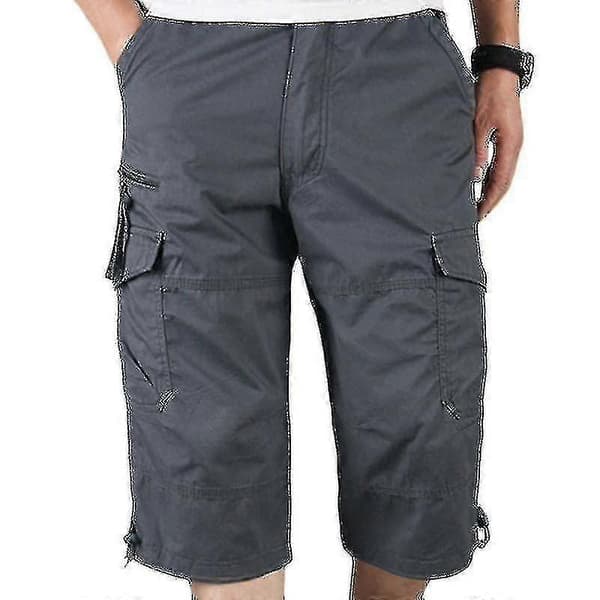 Herr 3/4 Långa Elastiska Midjeshorts Cargo Combat Trekvartsbyxor Mörkgrå Dark Grey M