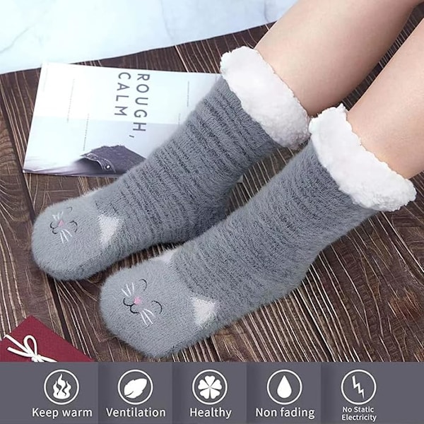 Mjuka tofflor med kattdesign, bekväma sängsockor med grepp, halkfria plyschstrumpor med värmeisolering, presenter till kvinnor och flickor
