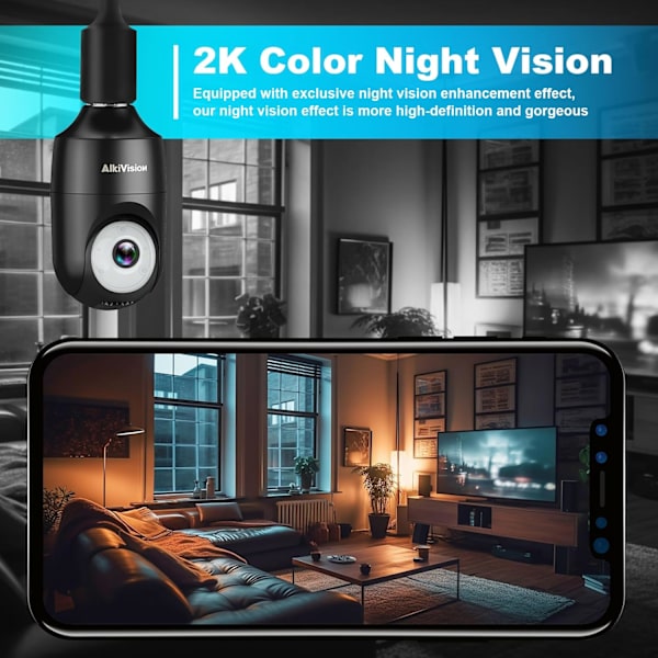 2K Ljuskälla Säkerhetskamera Trådlös Utomhus - 360° AI Rörelsedetekteringskameror för Hemsäkerhet Utomhus, 2.4G Hz, Fullfärg Mörkerseende, Auto Black