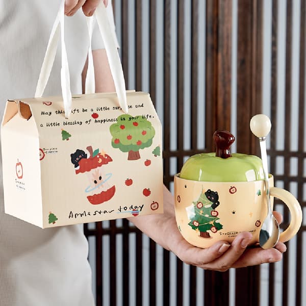 Söt mugg, presentförpackning, äppelformad kaffemugg med lock, keramisk kaffe-/temugg
