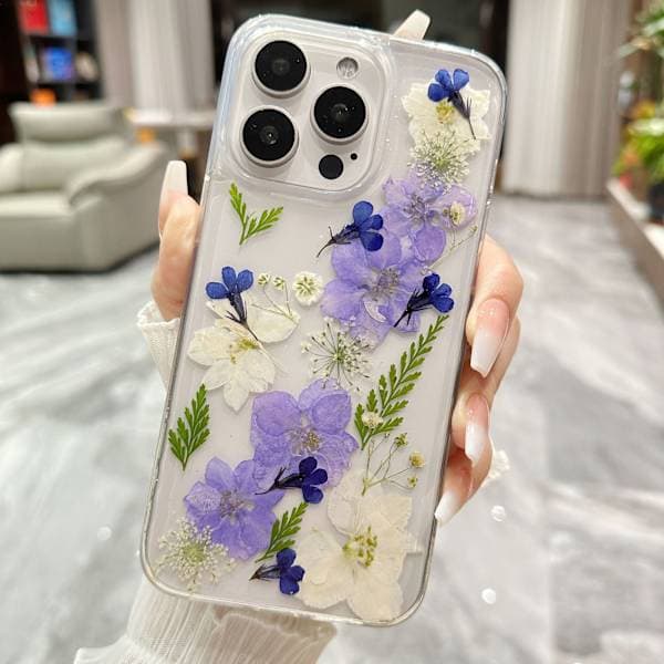 Blomsteretui til iPhone 16 Pro, Blødt TPU Fleksibelt Gummi Presset Tørrede Ægte Blomster Etui Blå Hvid Blomsteretui til iPhone 16 Pro (Marineblå Blomst)