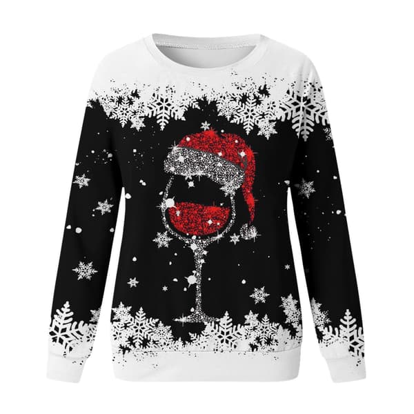 Julesweater til kvinder, rund hals, langærmet hættetrøje, pullover - Sort - Størrelse XL Sort Black XL