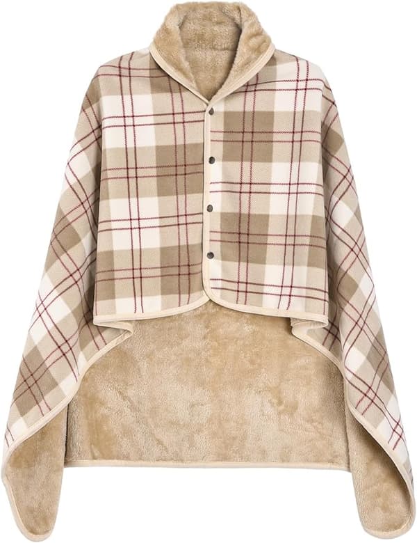 1 stk. fleeceponcho til kvinder, ternet fleecetørklædekappe (Khaki Plaid)