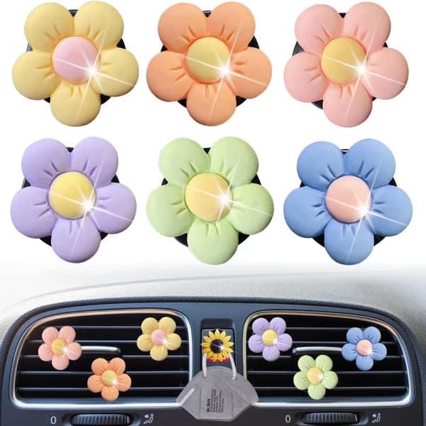 Søte tusenfryd-bilventilklips, 6-pakning, blomsterformede bilduftventilklips, bilduftdispenser-ventilklips