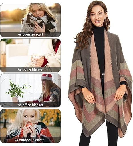 Elegant sjalcape til kvinder, åben front, blød poncho, velegnet til forår, efterår og vinter. Pink＋Grå pink＋grey