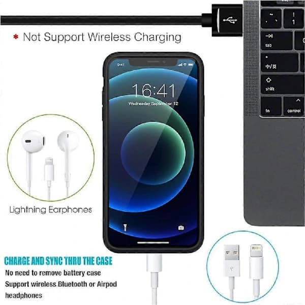 Batterideksel til iPhone 12/12 Pro, [Oppgradert versjon] 6800 mAh oppladbart deksel (svart)