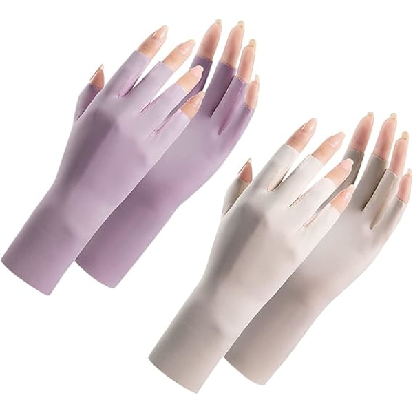 UV-skyddshandskar för kvinnor, 2 par, sommar, andningsbara solskyddshandskar i issilke, halvfinger för ridning, golf, fiske, cykling Beige purple