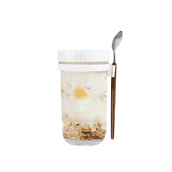 Bästsäljare - Havregrynsmoothieburk Glasbehållare för flingor Go Salladsbehållare Lock Overnight Oats Burkar med Lock och Skedar white 600ml