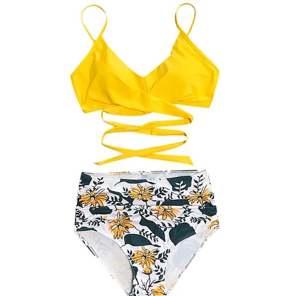 Dame Wrap Bikini Sæt Push Up Højtaljet Todelt Badedragt Split Slangeskindsprint Badedragt til Svømning (Gul Blomst) M