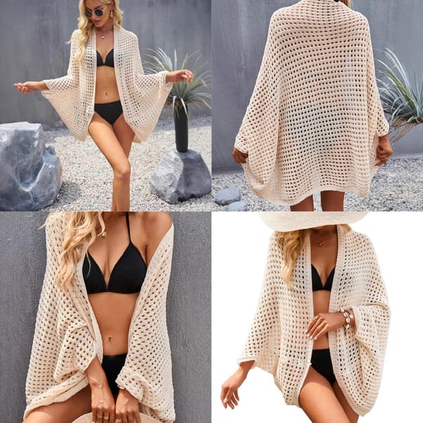Elegant uthulet heklet kimonocardigan med flaggermusermer for strandbassenget